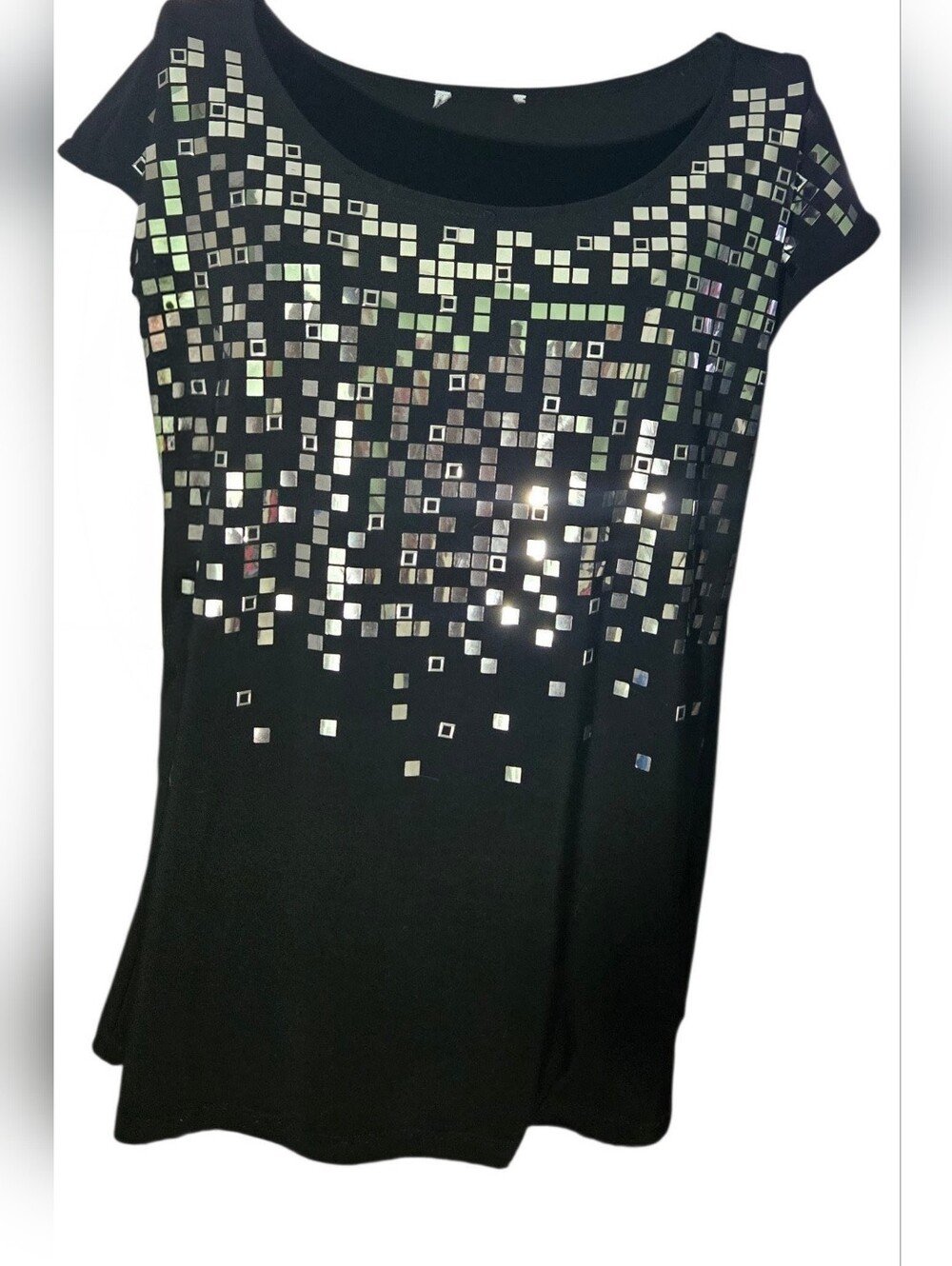 Black Sequin Mosaic Scoop Neck Women's Top Size 1X/2X